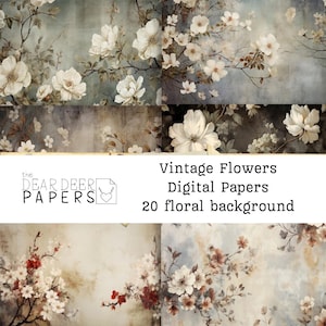 ヴィンテージ フラワー デジタル ペーパー、20 種類の花の背景、ヴィンテージ ローズ ジャンク ジャーナルの印刷可能なページ、色あせた古い紙のダウンロード、ミックスメディア、ジプシー