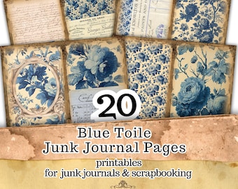 Blaue Toile Junk Journal Seiten - Druckbares Vintage französisches Papier - Shabby Chic Digitaler Download für Scrapbooking Handwerk