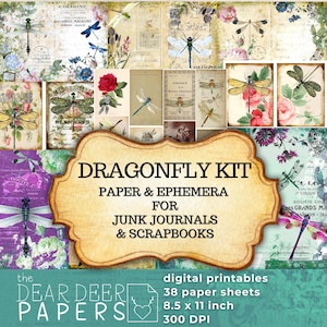 Vintage Dragonfly Junk Journal KIT Paper & Ephemera, Digital Background journalling printables add ons collage sheets scrapbooking cards