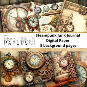 Steampunk Junk Journal Paper, 8 digitale achtergrondpagina's, afdrukbare bladen voor journalling, instant download scrapbooking mix media-achtergronden