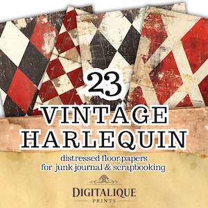 23 Vintage Harlequin Papers Printable, Distressed Diamond Pattern Background, Red Black Junk Journal Scrapbook Paper Pack