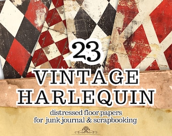 Vintage Harlequin Papers, Distressed Diamond Background, Junk Journal Scrapbook Pack (Digital Download)