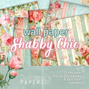 Shabby Chic Digitales Papier | Vintage Floral Scrapbook Papier | Rosa & Blaue Streifen, Rosen Blumenmuster, Junk Journal Printable | 23 Designs