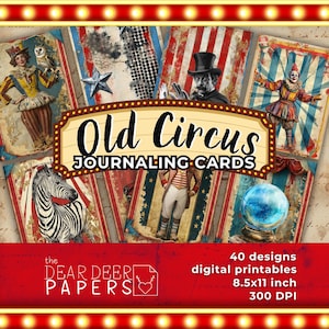 Cartes de journalisation Old Circus – 40 cartes éphémères imprimables de carnaval vintage, vieilles cartes de journal indésirable, kit de scrapbooking numérique