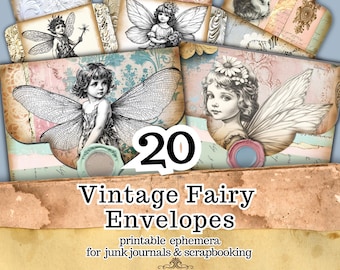 May include: A collection of 20 vintage fairy envelopes with illustrations of fairies and floral designs. The envelopes are in various pastel colors, with the text "Vintage Fairy Envelopes" and "printable ephemera for junk journals & scrapbooking".