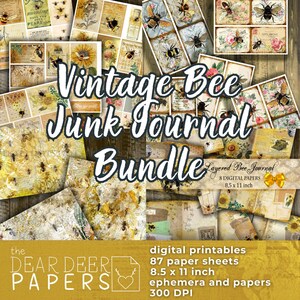 バンドル ヴィンテージ ビー ジャンク ジャーナル ペーパー & エフェメラ ジャーナリング タグ プリンタブル、コラージュ シート、背景ページ、ATC タグ、封筒、チケット