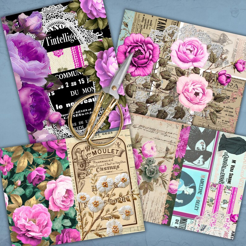 Vintage Floral Junk Journal Pages, 35 Boho Printable Scrapbook Paper ...