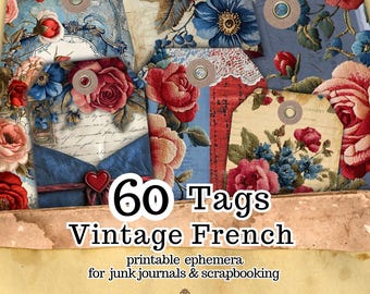 Op de afbeelding: Een verzameling van 60 vintage Franse tags met bloemen- en scriptontwerpen. De tags tonen rode en blauwe rozen, kant en diverse achtergronden. Perfect voor junk journals en scrapbooking.