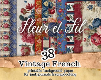 Op de afbeelding: Een verzameling van 38 vintage Franse printbare achtergrondpapieren voor junk journals en scrapbooking. De papieren tonen bloemmotieven in rood, blauw en crème. De tekst "Fleur et Fil" en "Vintage French" zijn zichtbaar.