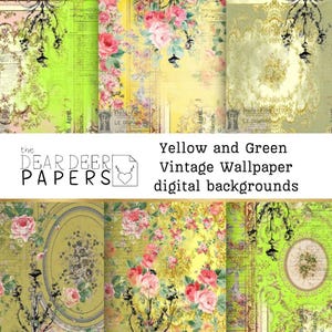 Papel tapiz vintage amarillo y verde, 6 páginas digitales boho, fondo de scrapbooking imprimible con motivos florales gitanos para diarios y medios mixtos