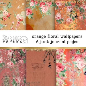 Papel tapiz floral naranja, 6 páginas imprimibles de Junk journal, páginas digitales de flores vintage, descarga de papel viejo descolorido, mixmedia, folk gitano