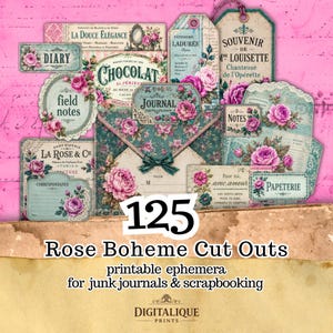 Può includere: Una collezione di 125 ritagli di Rose Boheme per junk journal e scrapbooking. L'ephemera include tag, etichette e buste con disegni floreali e vintage. La tavolozza dei colori presenta toni rosa, verde acqua e crema, con testo in francese.
