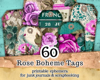 Etiquetas imprimibles estilo Boho Junk Journal, 60 imágenes digitales, etiquetas florales vintage, estilo shabby chic, rosas fucsia turquesa, peonías y recortes estilo Boho.
