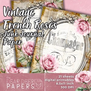 Vintage Français Roses Junk Journal Paper Shabby Chic Printables 21 Pages de Scrapbook Floral Antique Old Floral Scrapbook Cottagecore Esthétique