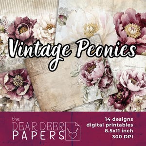 Pacote de 14 papéis digitais vintage peônias para impressão, diário de lixo, fundos florais, kit de scrapbooking, páginas envelhecidas, páginas antigas