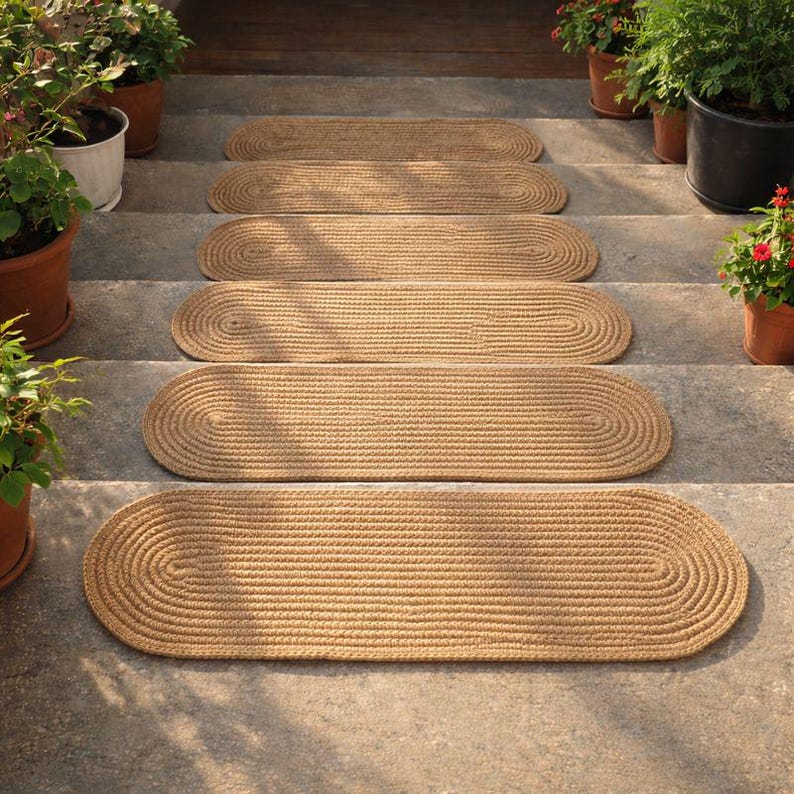 Oval jute stair tread placed securely on stair step, non slip stair tread carpet for indoor stairs