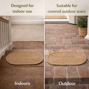 Side view of jute stair tread rug showing thickness, durable hand crocheted oval stair tread