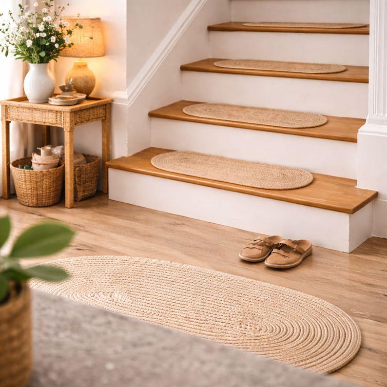 Handmade jute stair treads in calm modern home interior, natural oval stair tread rugs on stairs