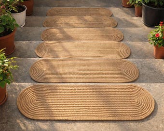 Oval Jute Stair Tread (Sold Individually) | Hand Crocheted Stair Rug | Natural Jute Stair Pad | Farmhouse Decor