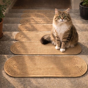 Cat sitting on oval jute stair tread rug, pet friendly handmade stair treads made from natural jute fiber