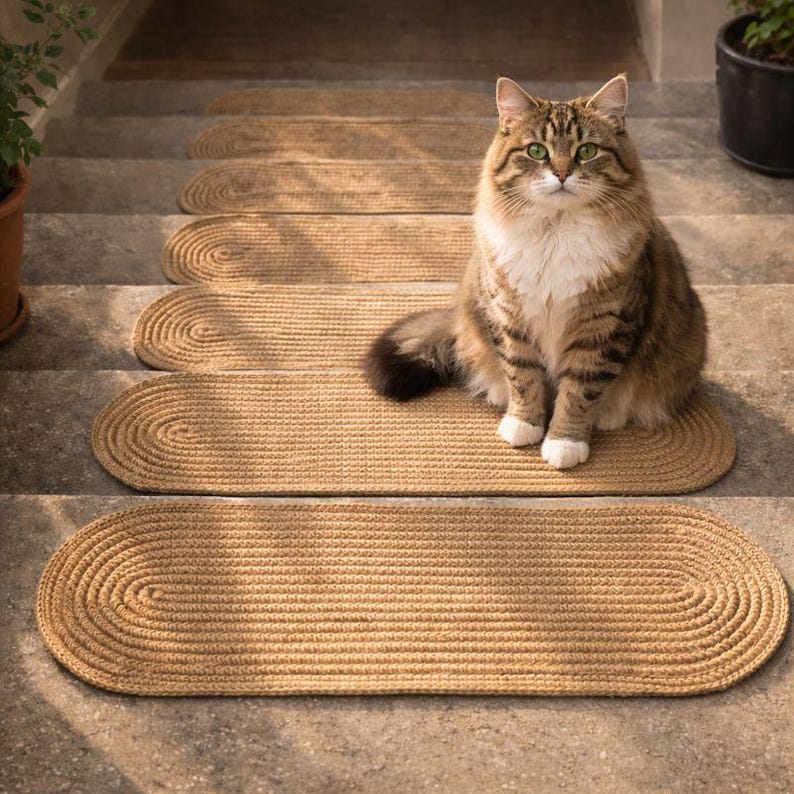 Cat sitting on oval jute stair tread rug, pet friendly handmade stair treads made from natural jute fiber