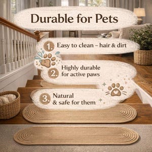 Detailed edge of oval jute stair tread showing thickness and hand crocheted finish