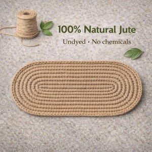 Close view of hand crocheted jute stair tread on step, textured oval stair tread rug with natural fiber