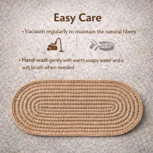 Close up of hand crochet stitch on oval jute stair tread, natural textured stair tread rug detail