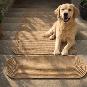 Dog resting on natural jute stair treads, pet friendly and durable hand crocheted stair tread carpet