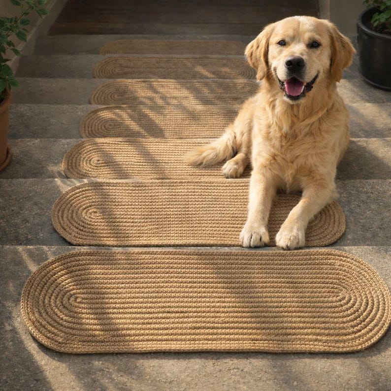 Dog resting on natural jute stair treads, pet friendly and durable hand crocheted stair tread carpet