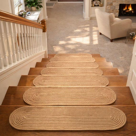 Jute Stair Treads – Pet Friendly & Durable, Hand Crocheted Oval Stair Rugs, Non Slip Carpet Treads