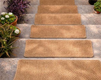 Jute Stair Treads | Rectangular Handmade Stair Rugs | Natural Jute | Rustic Farmhouse Stair Decor