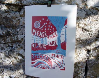 Please Take Care of this Special Place, A3 Linoblock Print