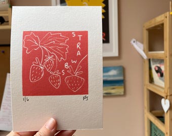 Fraises, gravure sur lino A5