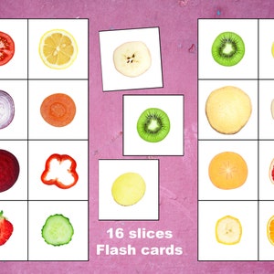 16 cartes flash tranches, cartes carrées avec photo de fruits et légumes isolées, PDF imprimable, élément d'apprentissage à l'école à domicile, matériel éducatif