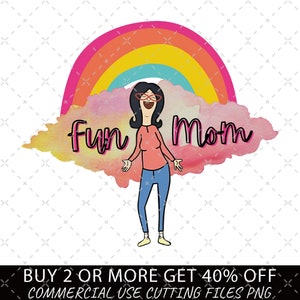 Op de afbeelding: Een digitale illustratie van een vrouw met een bril en een roze shirt die voor een regenboog en een aquarel wolk staat met de tekst "Fun Mom" erop.