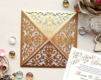 Laser Cut Wedding Invitation, DIY, GoldenInvitations, Laser Cut, Elegant ornamental envelope, Different color available, gold