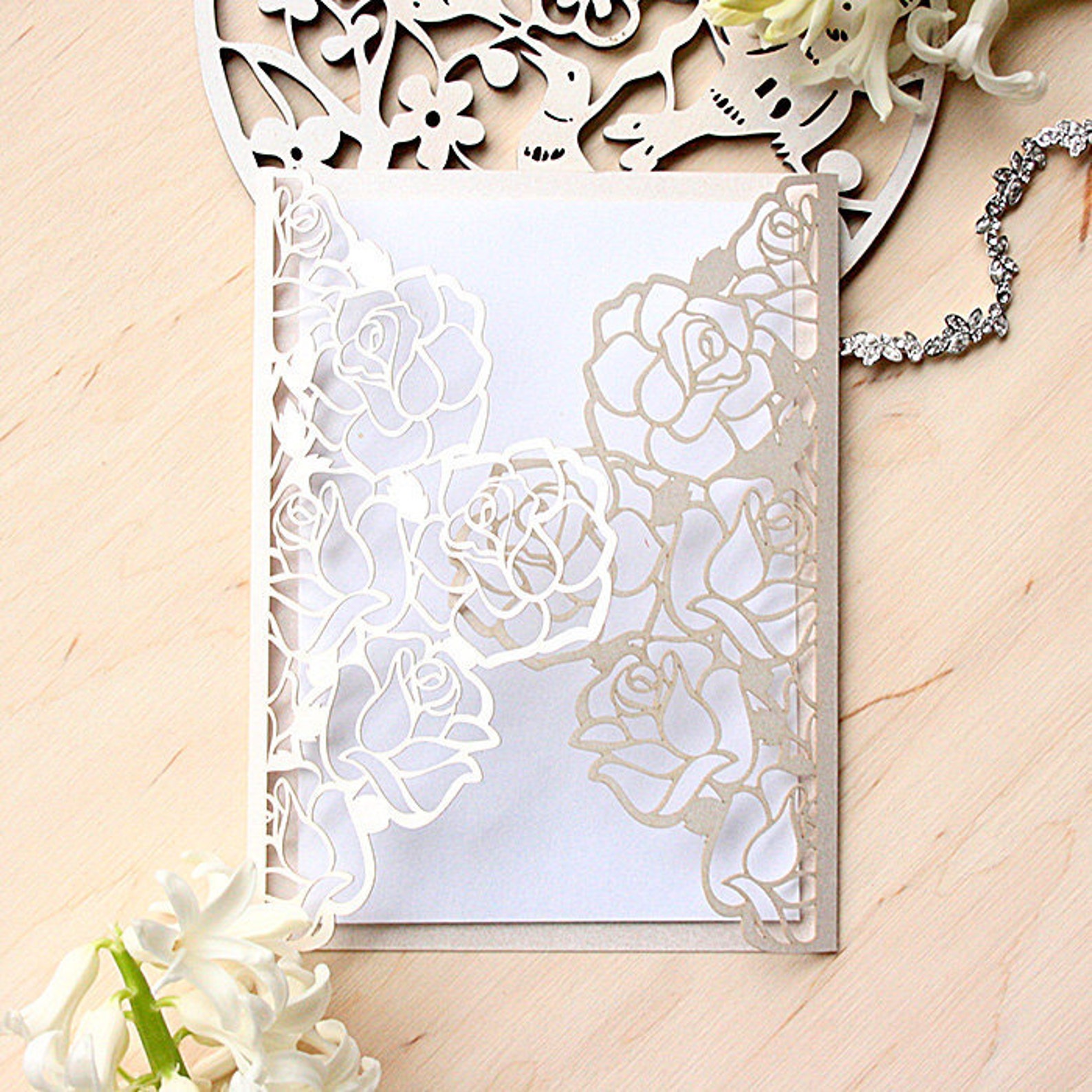 Elegant Laser Cut Wedding Invitations Cream Roses Delicate Etsy