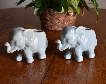 Puede incluir: Dos macetas de elefante de cerámica azul claro. Los elefantes están de pie sobre una superficie de madera.