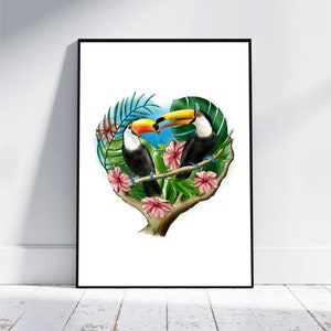 Retrato de la familia Tucán. Disponible con nombres personalizados, texto personalizado y composición personalizada. Estampado personalizado árbol genealógico Día de la Madre
