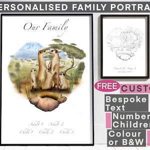 Retrato de la familia Meerkat. Disponible con nombres personalizados, texto personalizado y composición personalizada. Impresión personalizada. Árbol genealógico Día de la Madre