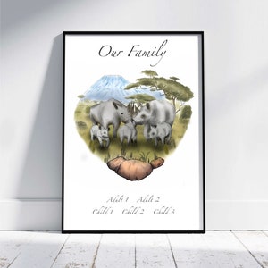 May include: A white background with the text "Our Family" at the top. A heart-shaped illustration of a family of rhinoceroses in a savanna setting. The text "Adult 1 Adult 2 Child 1 Child 2 Child 3" is at the bottom.