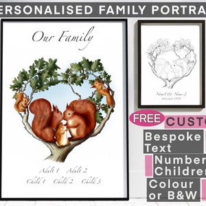 Ritratto di famiglia scoiattolo rosso Disponibile con nomi personalizzati, testo personalizzato e composizione personalizzata Albero genealogico personalizzato Festa della mamma