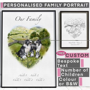 May include: A personalized family portrait featuring a heart-shaped landscape with two adult border collies and three puppies. The text "Our Family" is at the top of the image. The text "Adult 1 Adult 2 Child 1 Child 2 Child 3" is at the bottom of the image. The image is available in color or black and white.