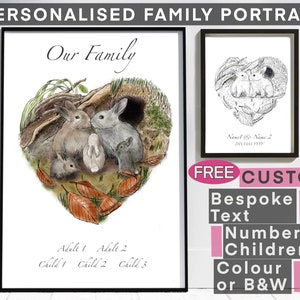 Retrato de la familia de conejos. Disponible con nombres personalizados, texto personalizado y composición personalizada. Estampado personalizado árbol genealógico Día de la Madre