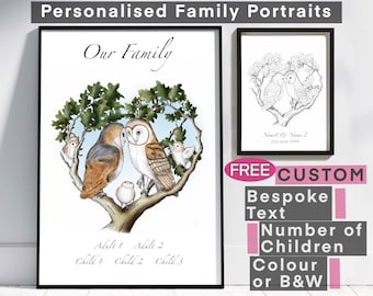 Barn Owl Family portrait. Available with custom names, personalised text & customised composition. Customized print Family tree Mother’s Day