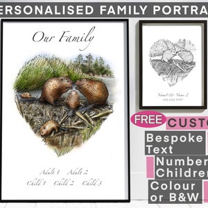 Op de afbeelding: Een gepersonaliseerd familieportret met een hartvormig ontwerp met twee bevers en drie beverjongen. De tekst "Our Family" staat bovenaan de afbeelding. De tekst "Adult 1 Adult 2 Child 1 Child 2 Child 3" staat onderaan de afbeelding.