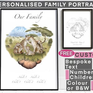 Retrato de la familia del leopardo. Disponible con nombres personalizados, texto personalizado y composición personalizada. Impresión personalizada. Árbol de familia