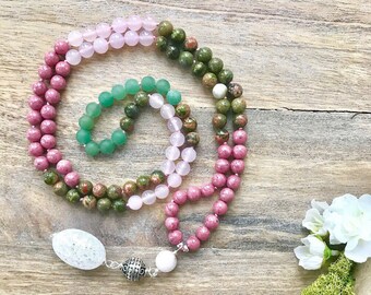 Unakite, Pink Chalcedony and Rhodonite Mala Necklace, DREAM OF LOVE, Long Boho Crystal Necklace,Yoga and Meditation Beads, Hand Knotted Mala