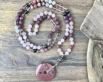 LOVE STORY MALA Rose Quartz, Lepidolite, and Moonstone Mala Necklace /Heart Chakra 108 mala beads / knotted meditation beads /Yoga necklace